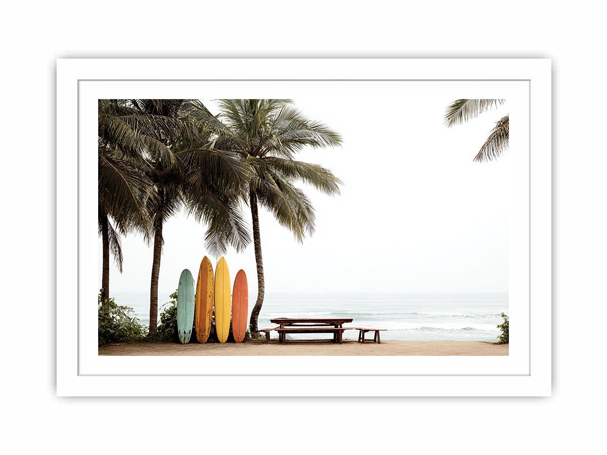 Colorful surfboards and palm trees overlooking the ocean for coastal wall decor