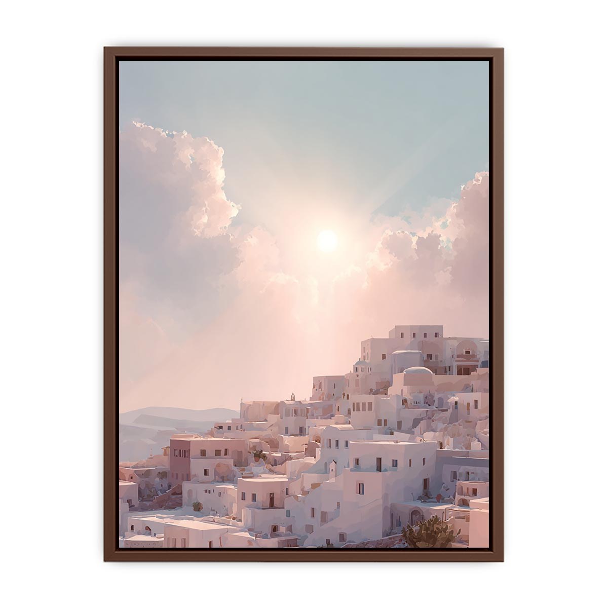 Pastel Mediterranean hillside architecture artwork for elegant bedroom decor