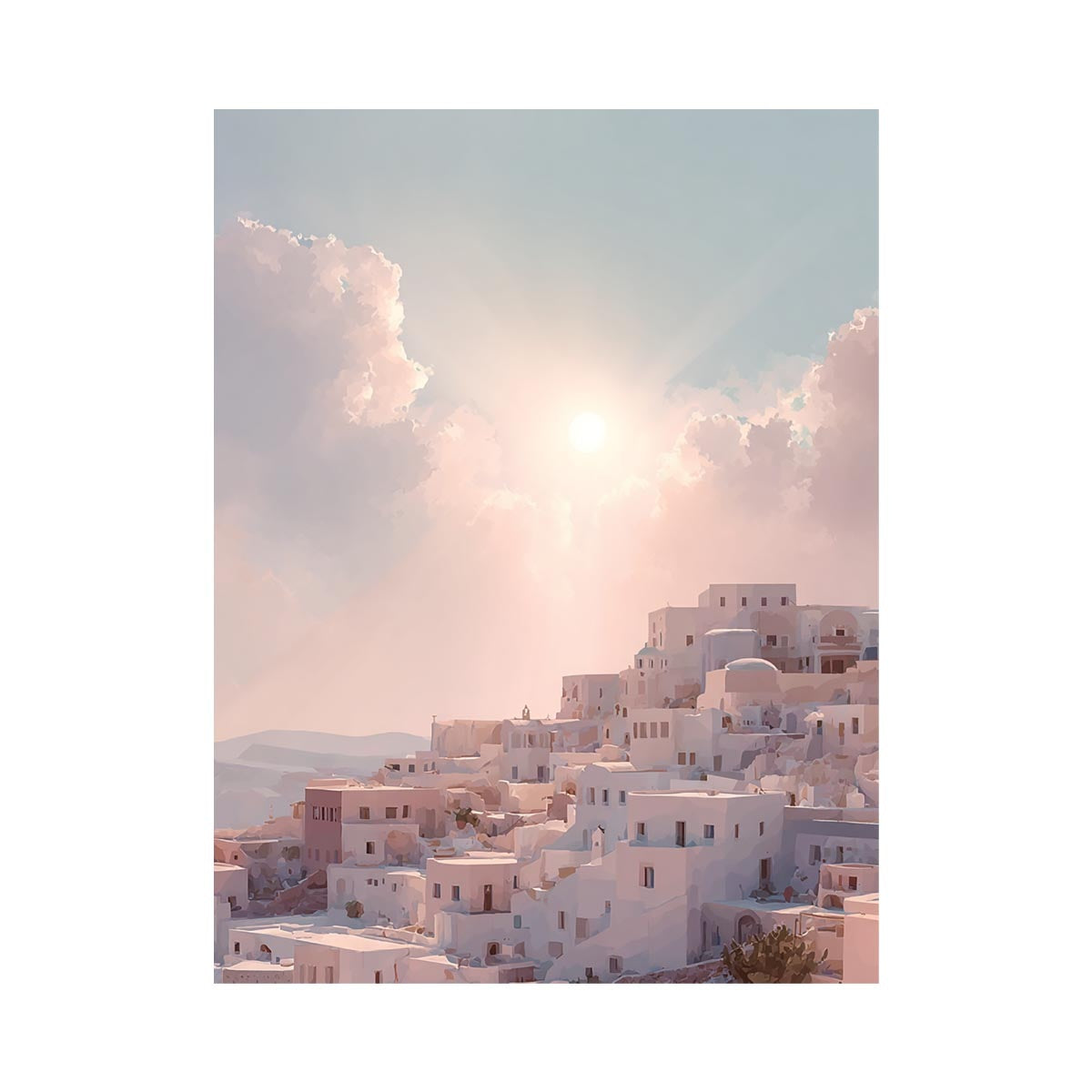Pastel Mediterranean hillside architecture artwork for elegant bedroom decor