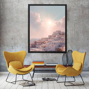 Pastel Mediterranean hillside architecture artwork for elegant bedroom decor