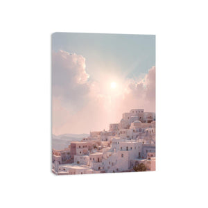 Pastel Mediterranean hillside architecture artwork for elegant bedroom decor