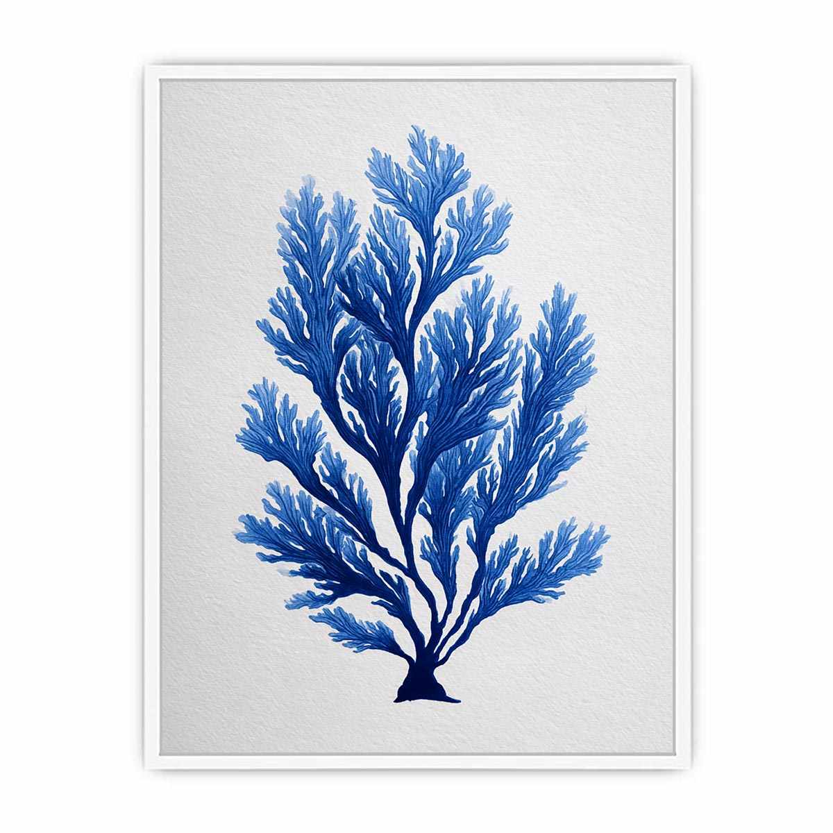 Blue coral botanical artwork for coastal bathroom and living room decor