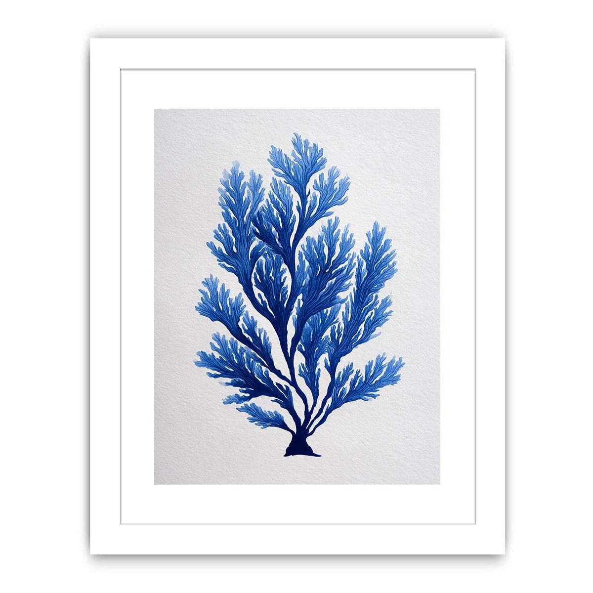 Blue coral botanical artwork for coastal bathroom and living room decor