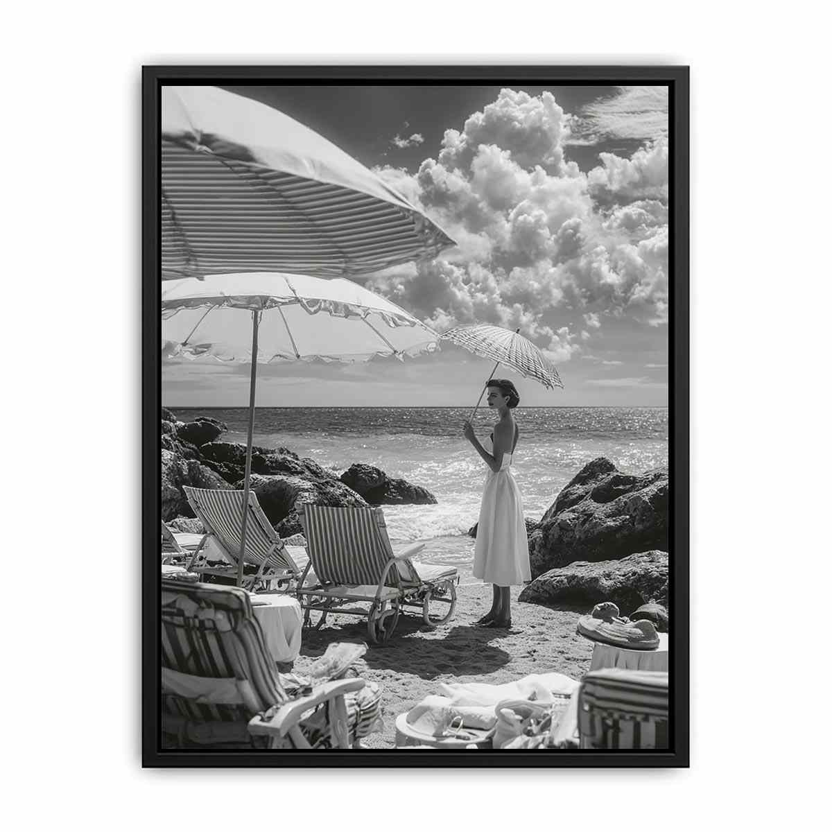 Vintage seaside portrait with umbrella in black and white coastal decor