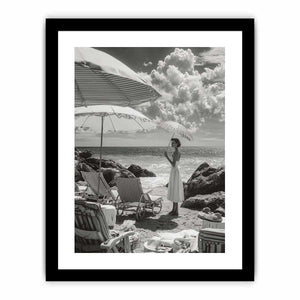 Vintage seaside portrait with umbrella in black and white coastal decor