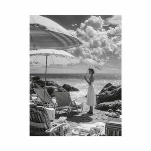 Vintage seaside portrait with umbrella in black and white coastal decor