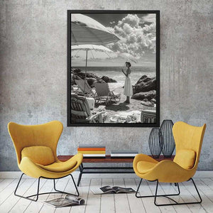 Vintage seaside portrait with umbrella in black and white coastal decor