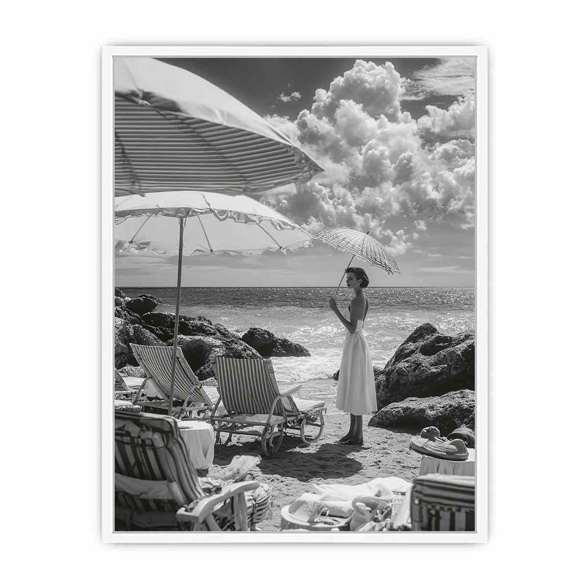 Vintage seaside portrait with umbrella in black and white coastal decor