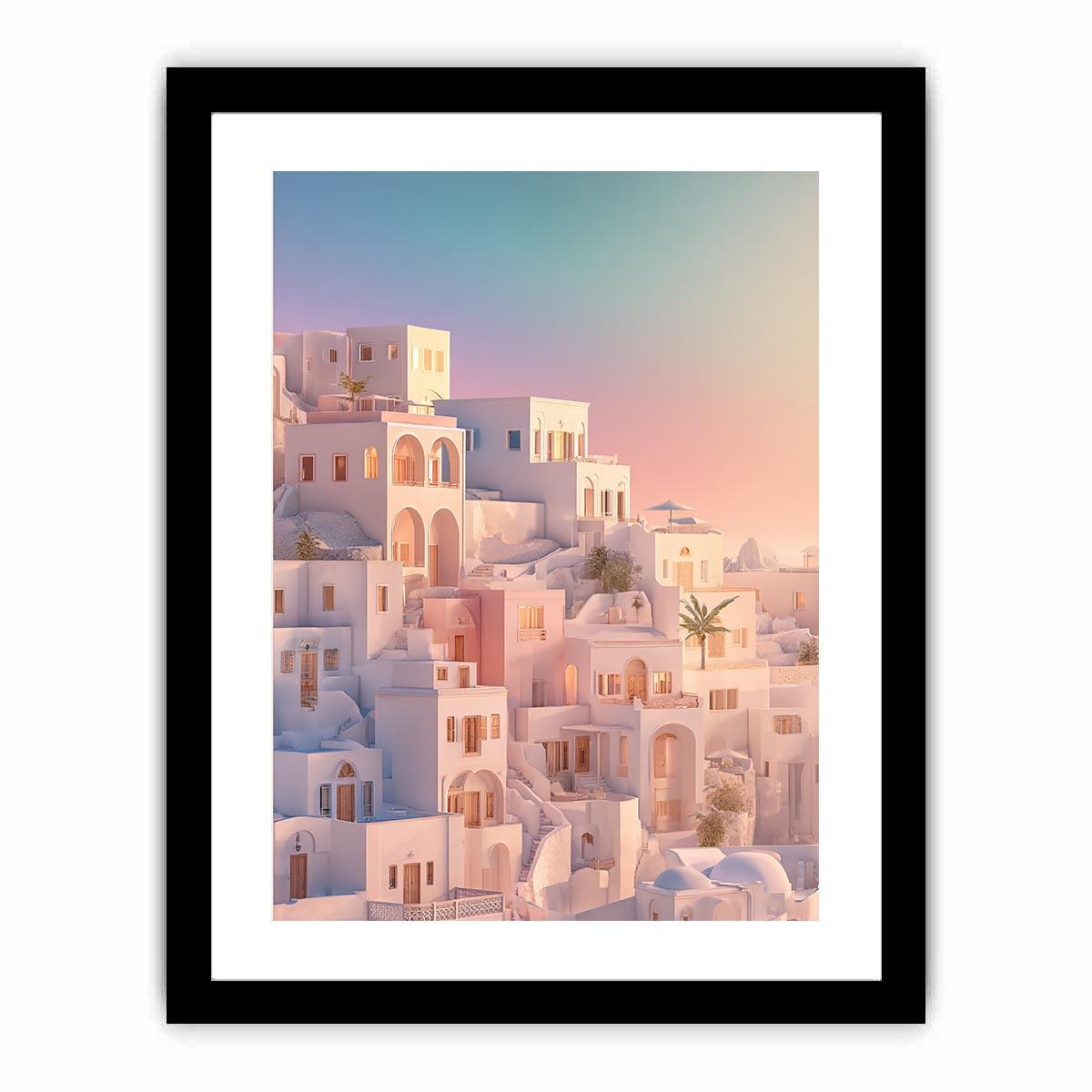 Pastel Mediterranean architecture at sunrise for luxury bedroom wall decor