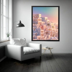 Pastel Mediterranean architecture at sunrise for luxury bedroom wall decor