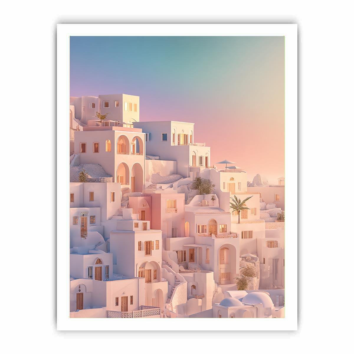 Pastel Mediterranean architecture at sunrise for luxury bedroom wall decor