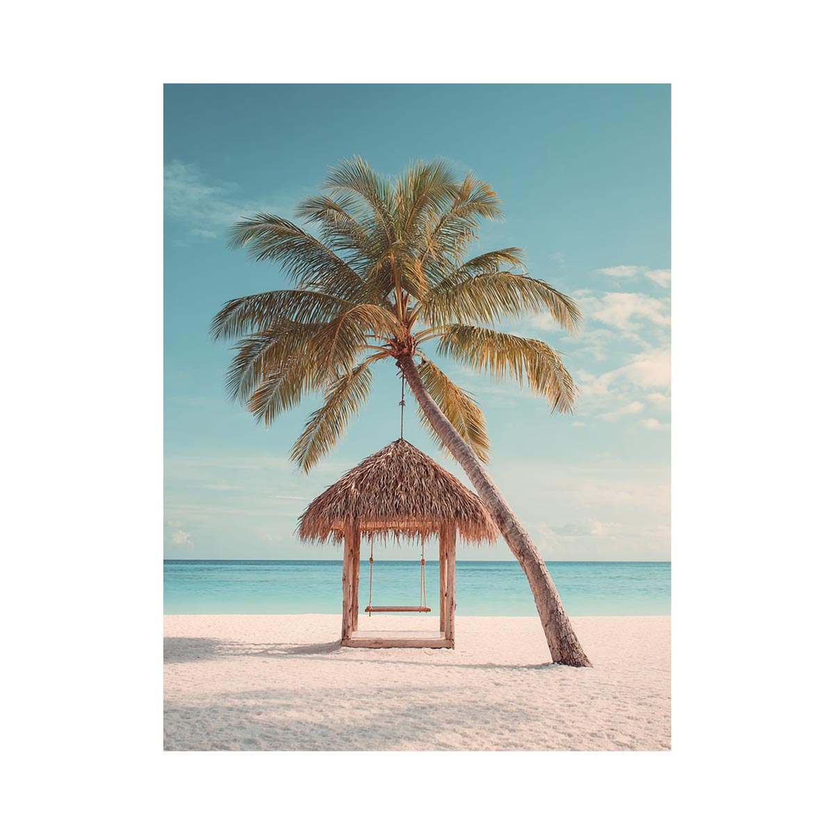 Tropical beach swing beneath a palm tree for serene coastal decor