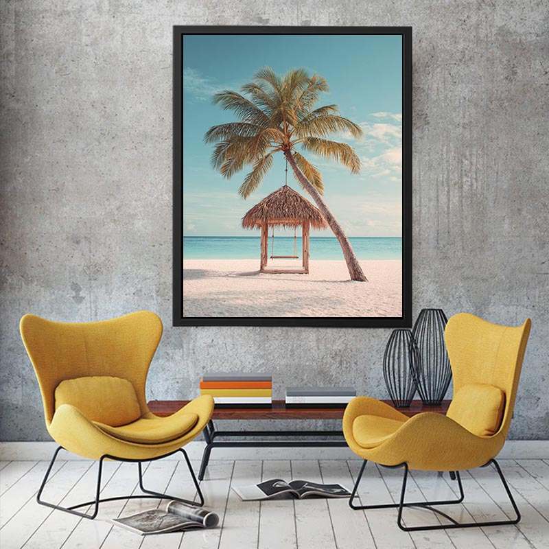 Tropical beach swing beneath a palm tree for serene coastal decor