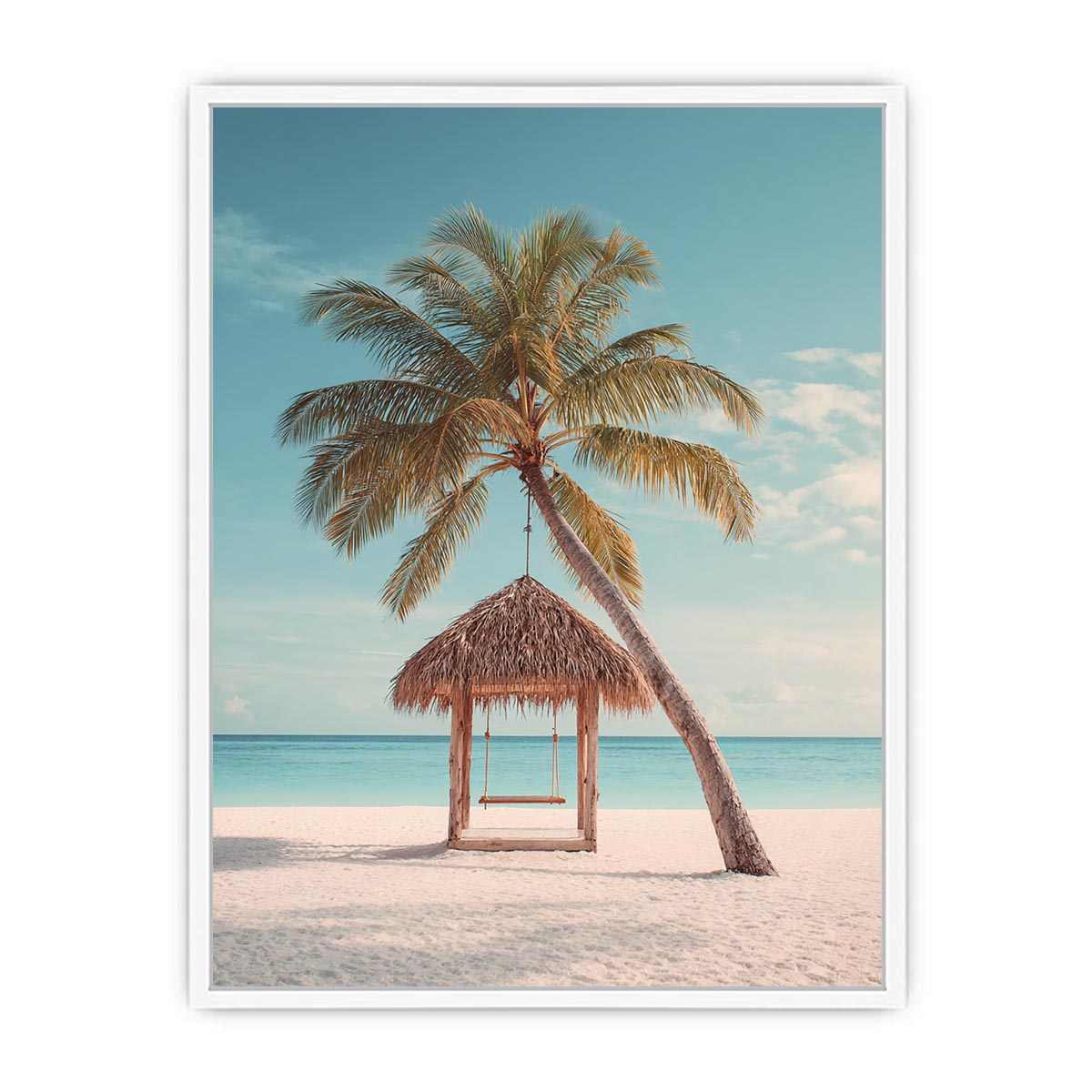 Tropical beach swing beneath a palm tree for serene coastal decor