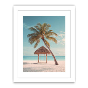 Tropical beach swing beneath a palm tree for serene coastal decor