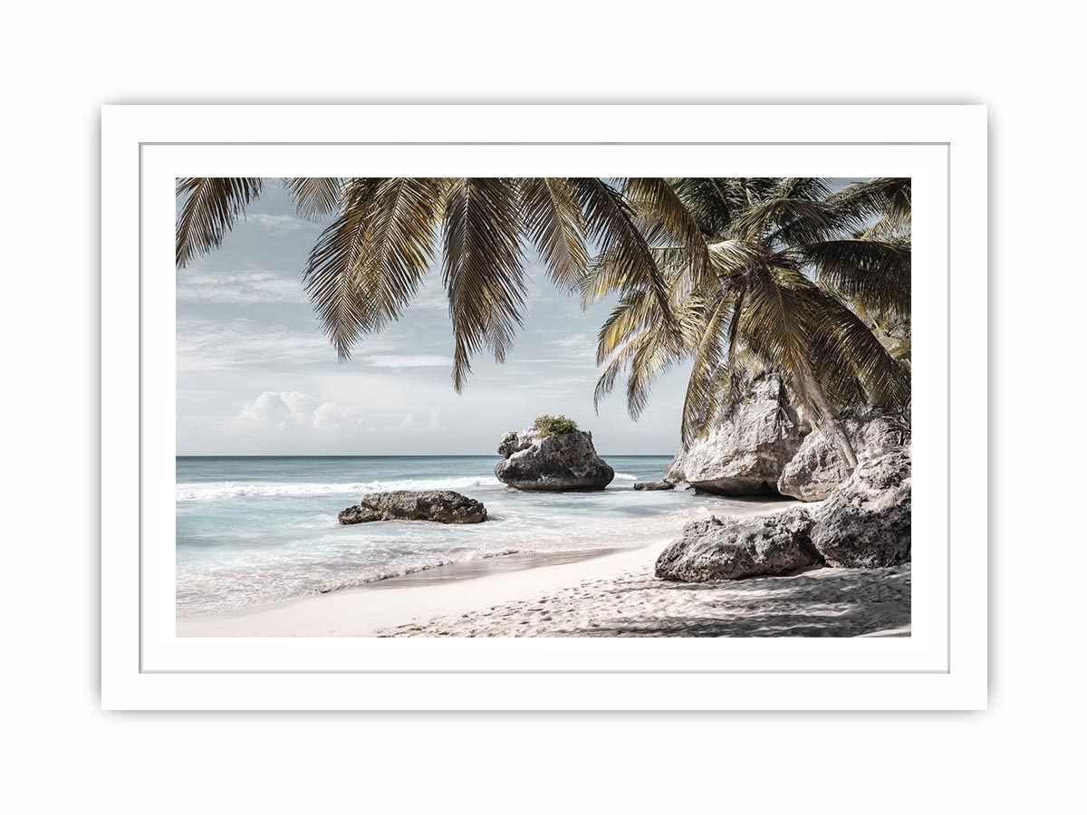 Palm-lined tropical beach with coastal rocks for luxury seaside decor