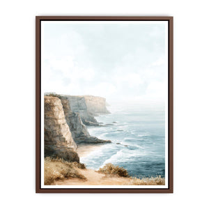 Watercolor coastal cliffs overlooking the ocean for serene living room decor