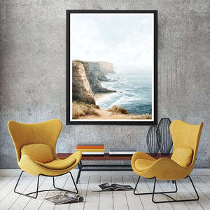 Watercolor coastal cliffs overlooking the ocean for serene living room decor