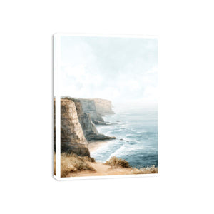 Watercolor coastal cliffs overlooking the ocean for serene living room decor