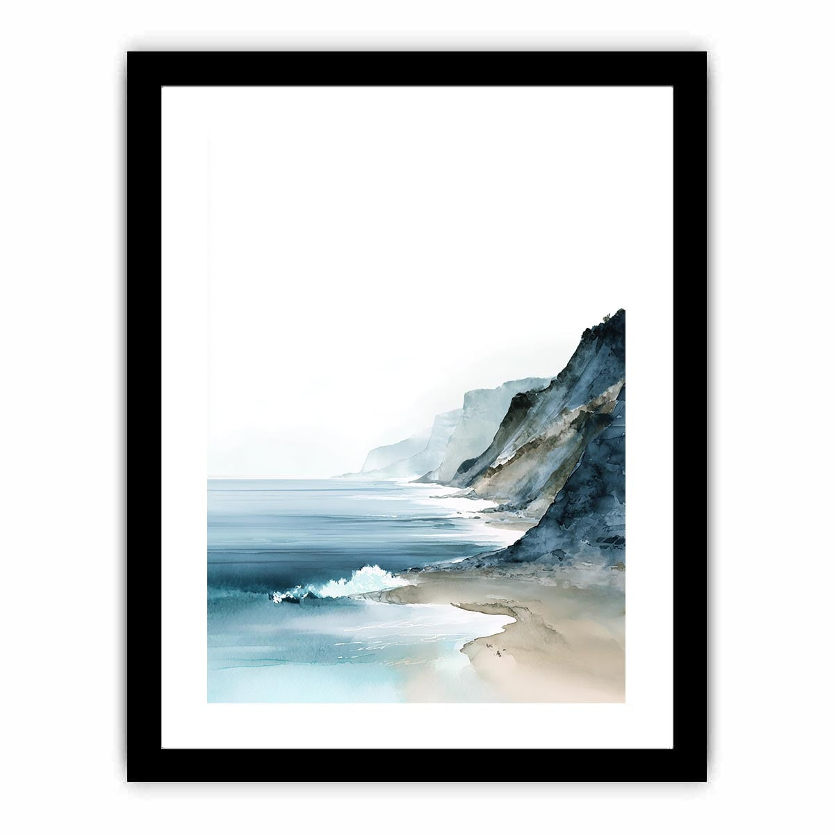 Minimal watercolor ocean cliffs artwork for modern coastal bedroom decor