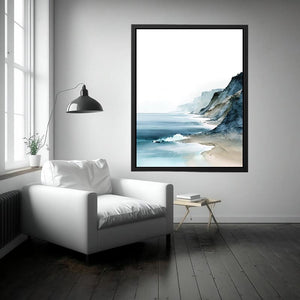 Minimal watercolor ocean cliffs artwork for modern coastal bedroom decor