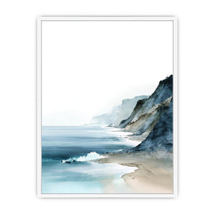 Minimal watercolor ocean cliffs artwork for modern coastal bedroom decor