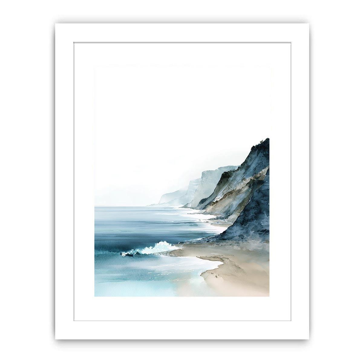 Minimal watercolor ocean cliffs artwork for modern coastal bedroom decor