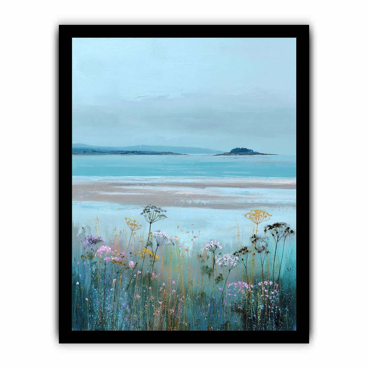 Wildflowers beside tranquil coastal waters for serene cottage style decor