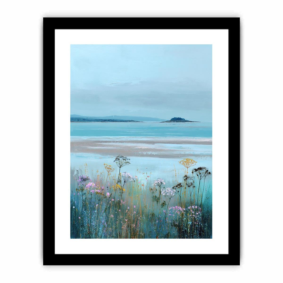 Wildflowers beside tranquil coastal waters for serene cottage style decor