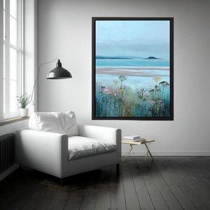 Wildflowers beside tranquil coastal waters for serene cottage style decor