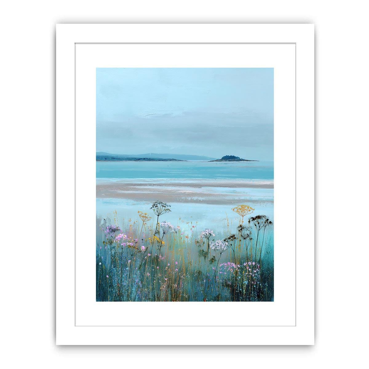 Wildflowers beside tranquil coastal waters for serene cottage style decor
