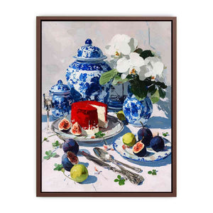 Blue and white porcelain still life with figs and flowers for dining room decor