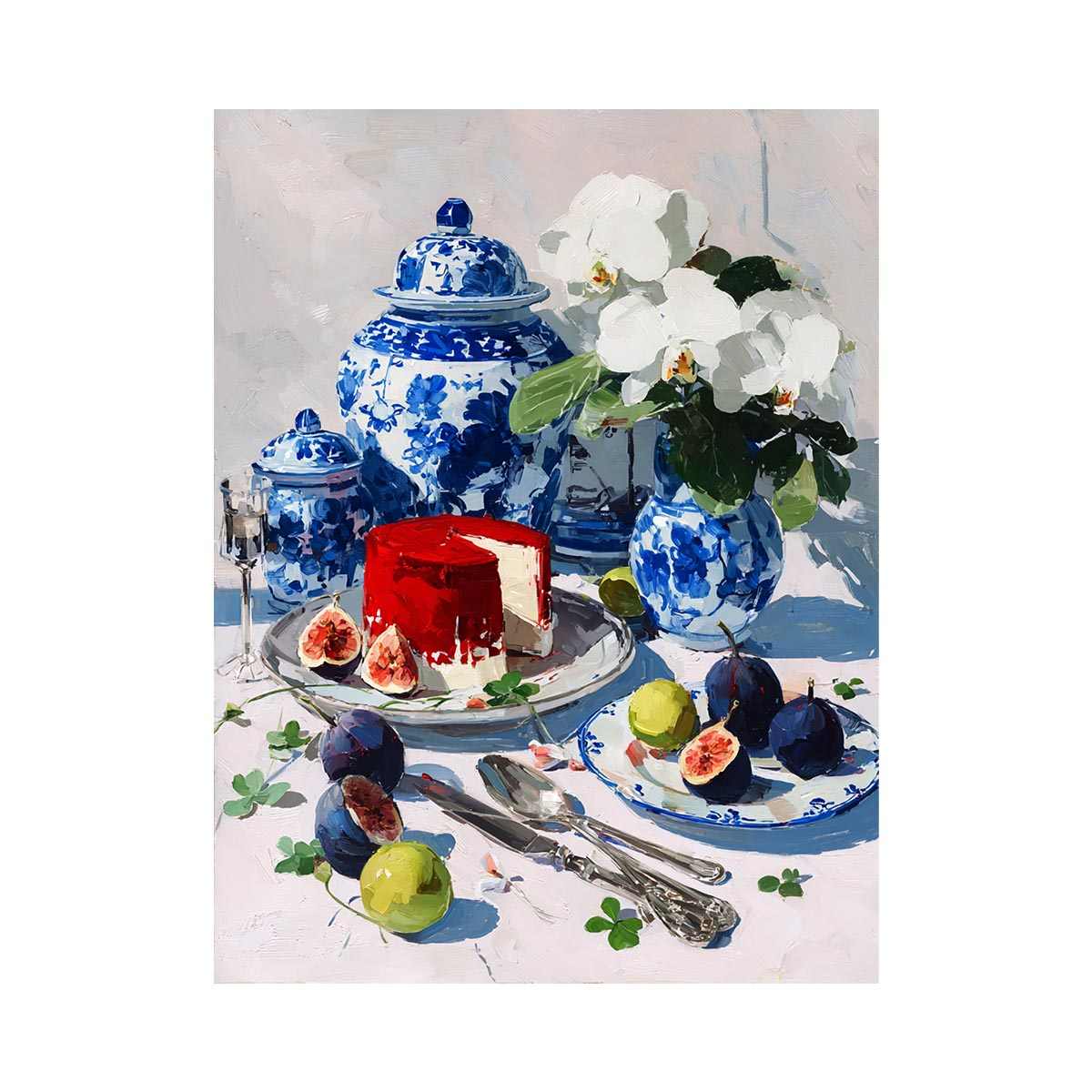 Blue and white porcelain still life with figs and flowers for dining room decor