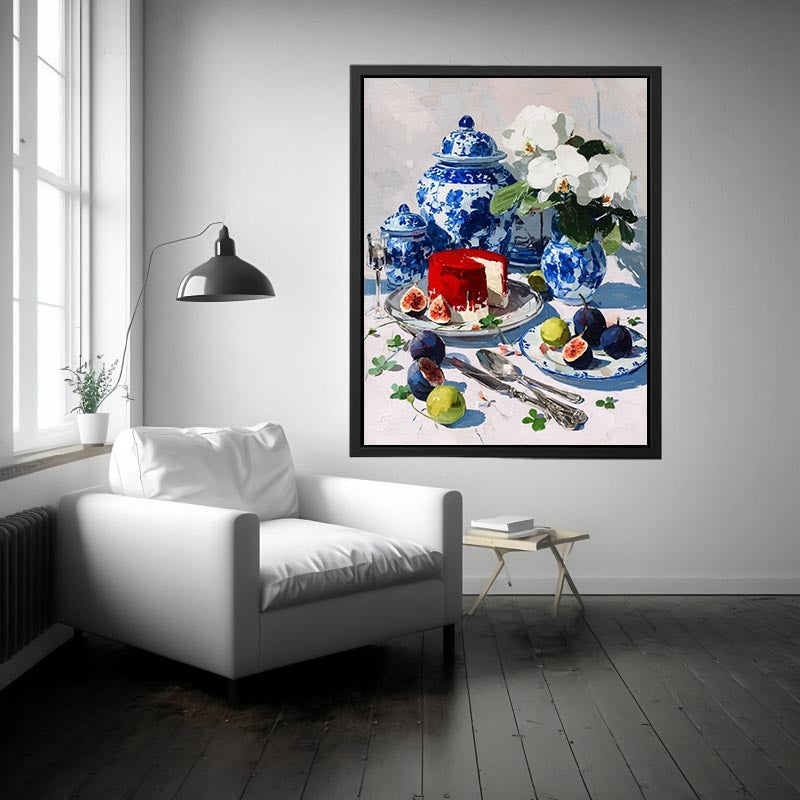 Blue and white porcelain still life with figs and flowers for dining room decor