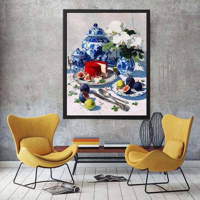 Blue and white porcelain still life with figs and flowers for dining room decor