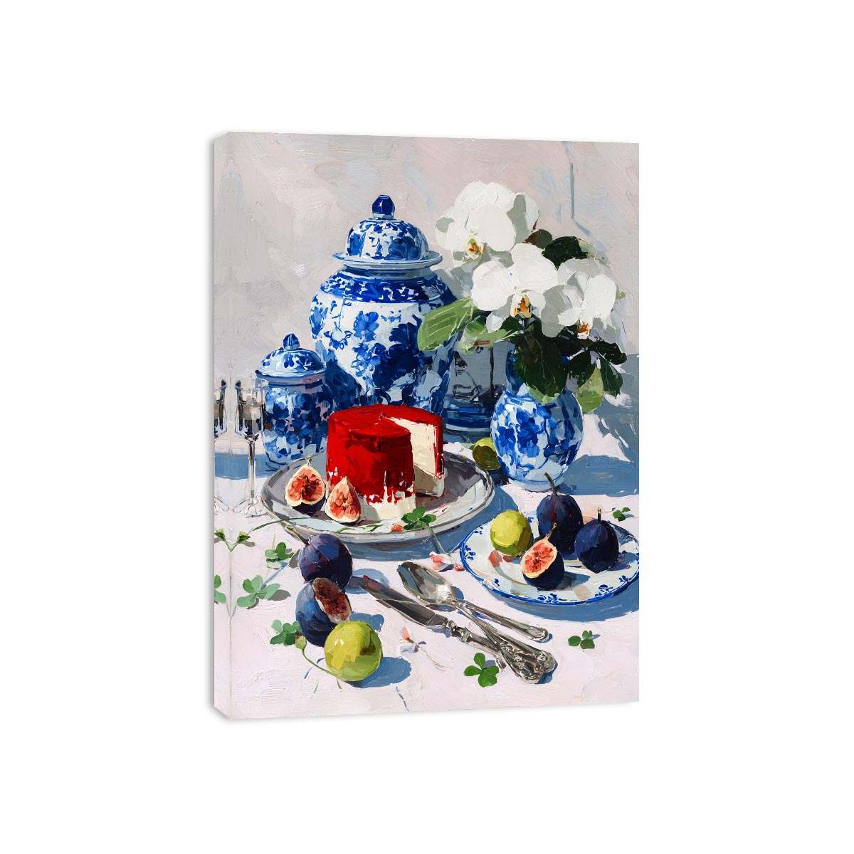 Blue and white porcelain still life with figs and flowers for dining room decor