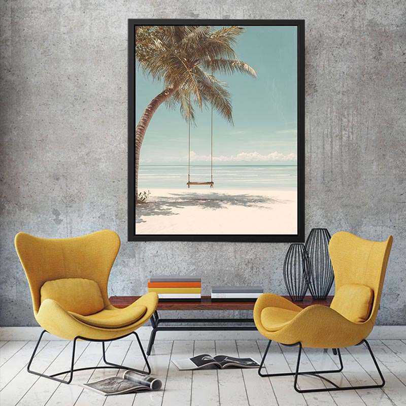 Palm Swing Serenity coastal artwork for modern living room decor