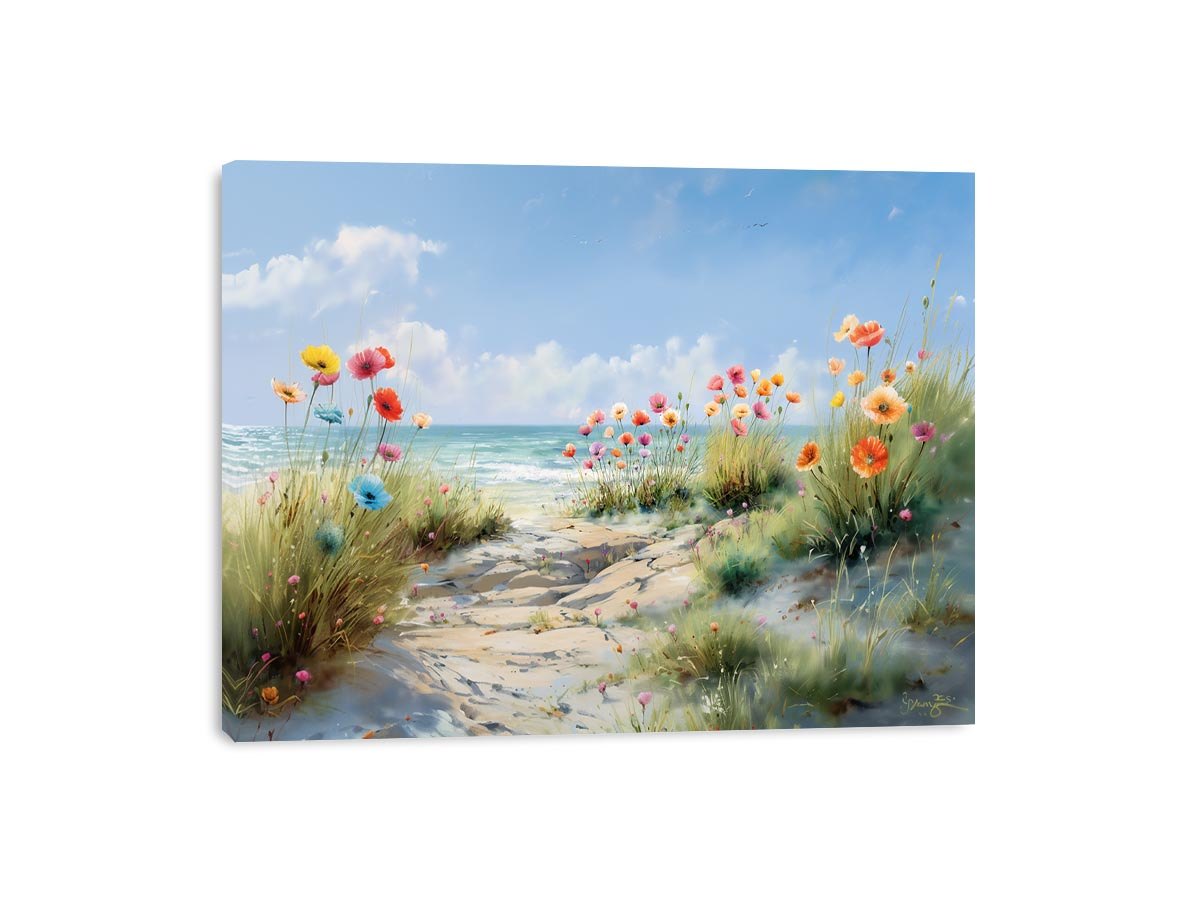 Blooming Shore Path coastal artwork for modern living room decor