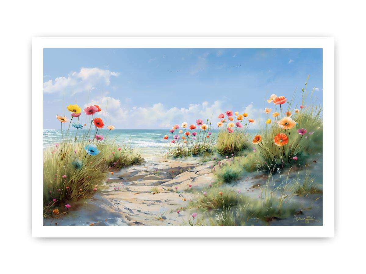 Blooming Shore Path coastal artwork for modern living room decor