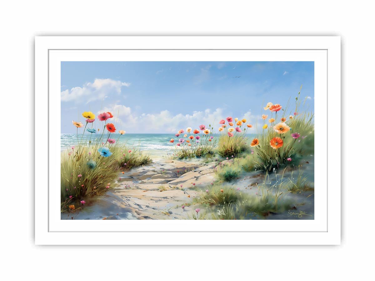 Blooming Shore Path coastal artwork for modern living room decor