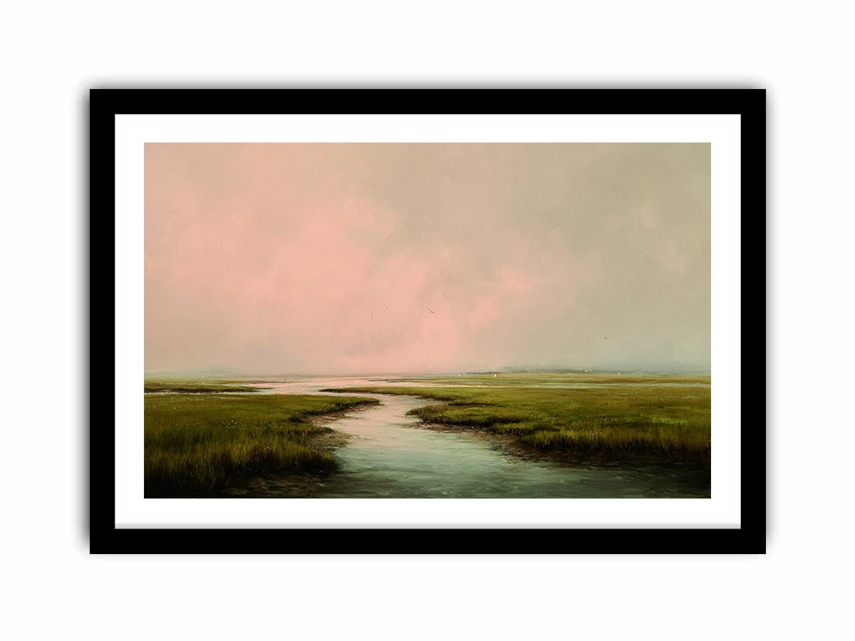 Misty estuary landscape art for calm modern bedroom decor