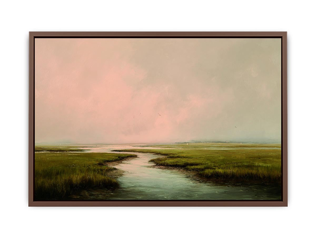 Misty estuary landscape art for calm modern bedroom decor