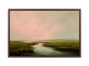 Misty estuary landscape art for calm modern bedroom decor