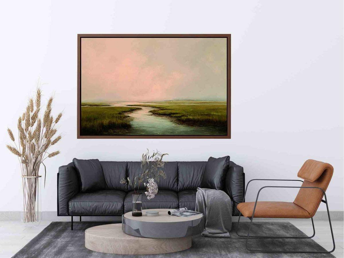 Misty estuary landscape art for calm modern bedroom decor