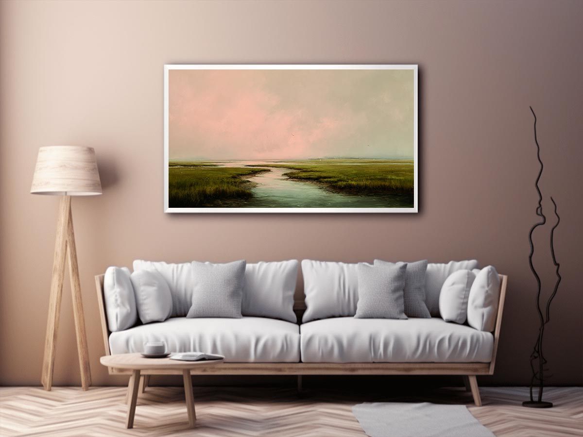 Misty estuary landscape art for calm modern bedroom decor