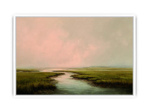 Misty estuary landscape art for calm modern bedroom decor