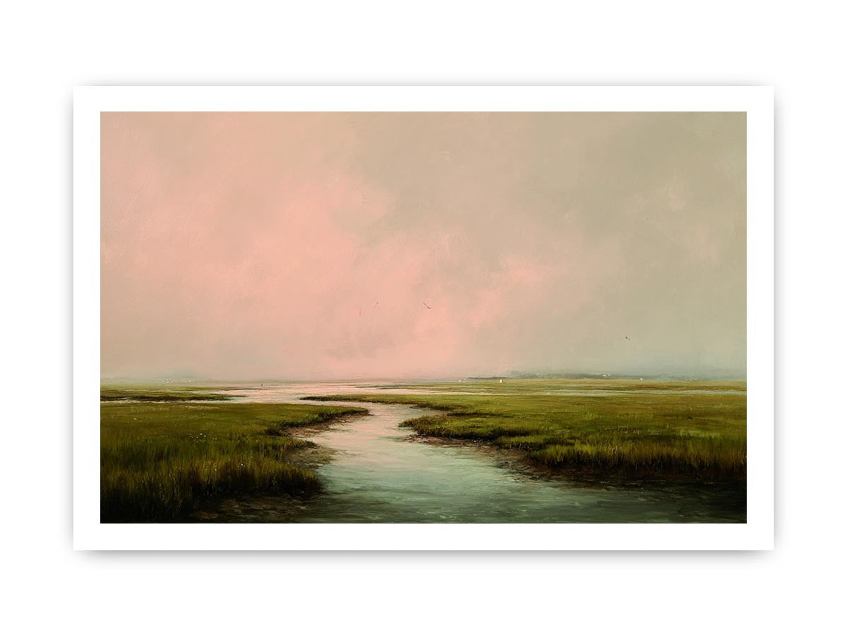 Misty estuary landscape art for calm modern bedroom decor