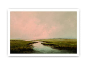 Misty estuary landscape art for calm modern bedroom decor
