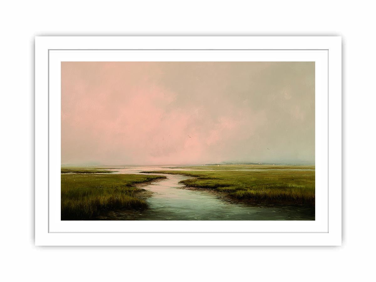 Misty estuary landscape art for calm modern bedroom decor
