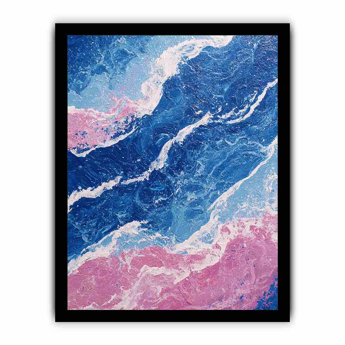 Blue and pink abstract ocean artwork for modern living room wall decor
